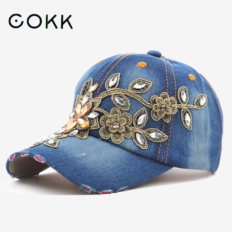 Embroidery On Jeans - COOK ผู้หญิงเบสบอลหมวกเพชรภาพวาดเย็บปักถักร้อยดอกไม้ DENIM Snapback หมวกกางเกงยีนส์ผู้หญิงหญิงหมวกคาวบอยหมวกฤดูร้อน