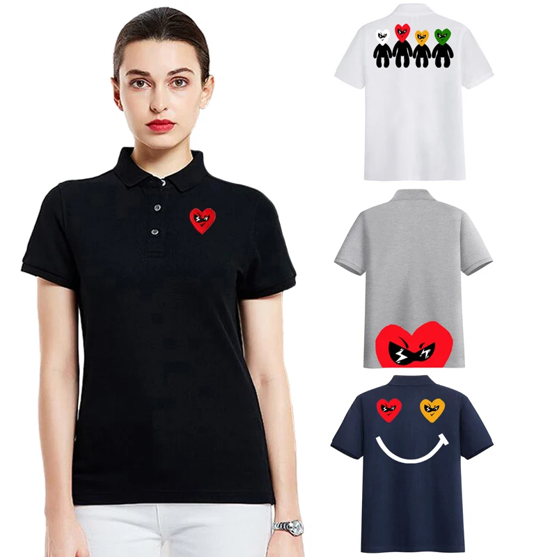 Embroidery Egg - Break Egg เสื้อโปโลผู้หญิงผ้าฝ้ายหัวใจสีแดงเย็บปักถักร้อยตัวอักษรน้อยน่ารักพิมพ์แขนสั้นตรงเสื้อโปโลฤดูร้อน