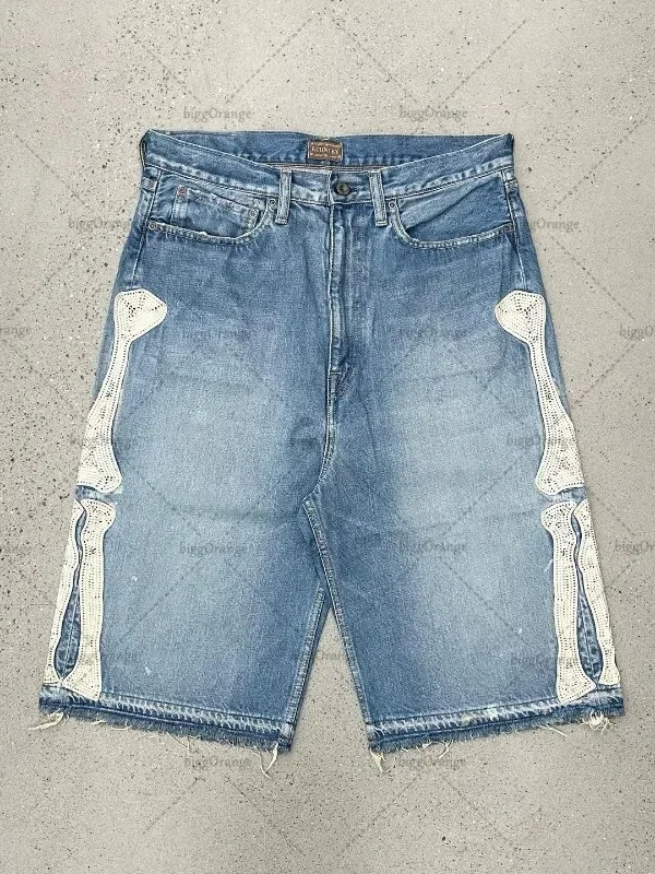 Embroidery On Jeans - กางเกงยีนส์ขาสั้นสไตล์วินเทจ Deeptown Y2k ฮาราจูกุ สำหรับผู้หญิง ลวดลายปักตัวอักษร