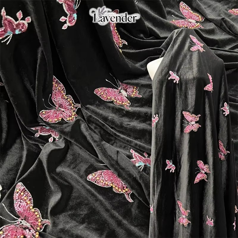 Velvet Fabric Embroidery - ผ้ากำมะหยี่สีดำเนื้อนุ่ม พร้อมลายปักลูกปัดรูปผีเสื้อ ผ้ากำมะหยี่ปักเลื่อม สำหรับตัดเย็บชุดเดรส ผ้าสำหรับงาน DIY