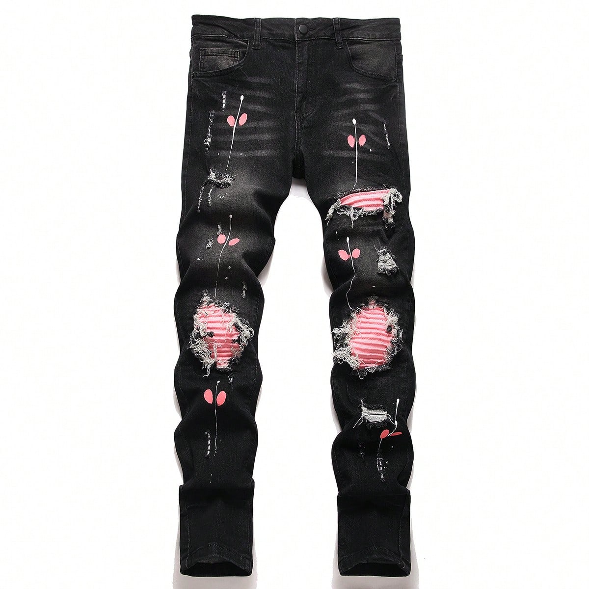 Embroidery On Jeans - กางเกงยีนส์เดนิมขาดทรงสกินนี่สำหรับผู้ชาย ยืดหยุ่นสูง สไตล์ฮิปฮอป ลำลอง ทรงเข้ารูป พร้อมงานปักลายปะติด