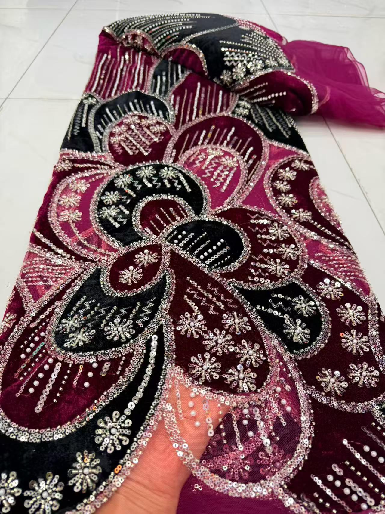 Velvet Fabric Embroidery - ผ้าลูกไม้หรูหราปักเลื่อมและลูกปัด ผ้ากำมะหยี่แอฟริกันสำหรับชุดเดรสงานเลี้ยงผู้หญิง ปี 2026