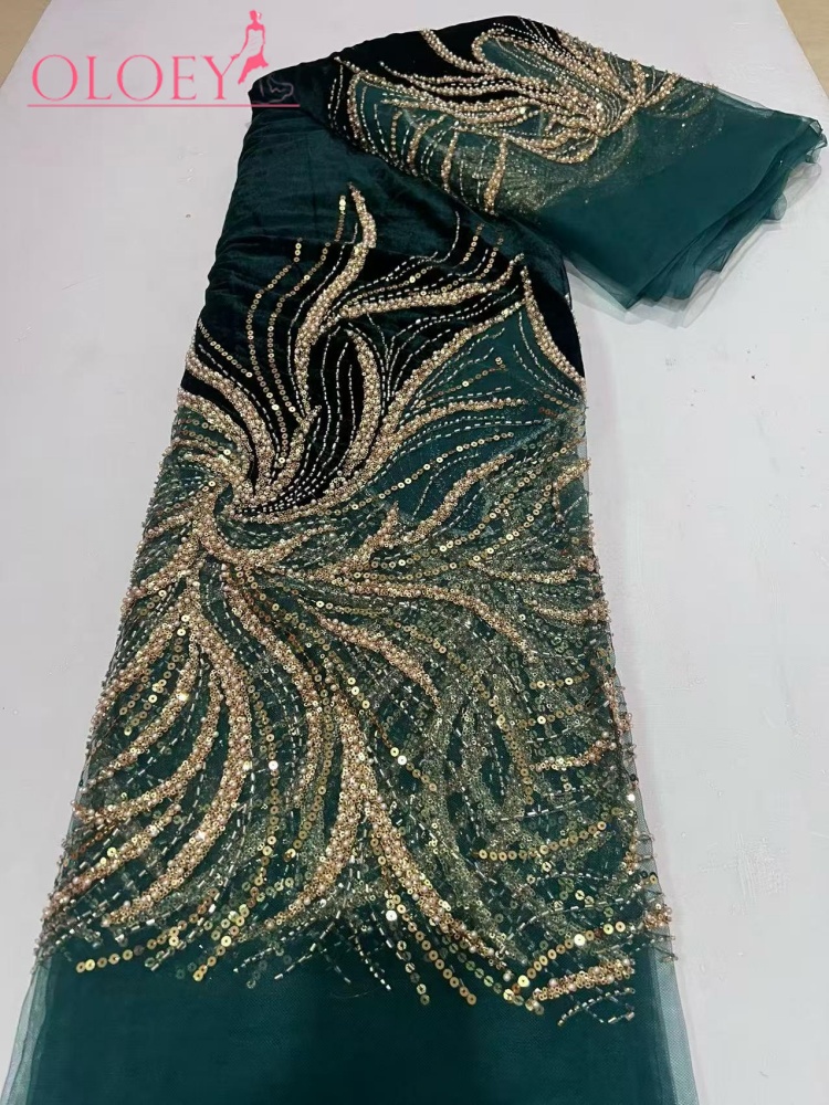 Velvet Fabric Embroidery - OLOEY ชุดแต่งงานสุดหรูสไตล์ใหม่ผ้ากำมะหยี่ฝรั่งเศสปักเลื่อมผ้าลูกไม้ 5 หลาไนจีเรียแอฟริกันทำด้วยมือลูกปัด