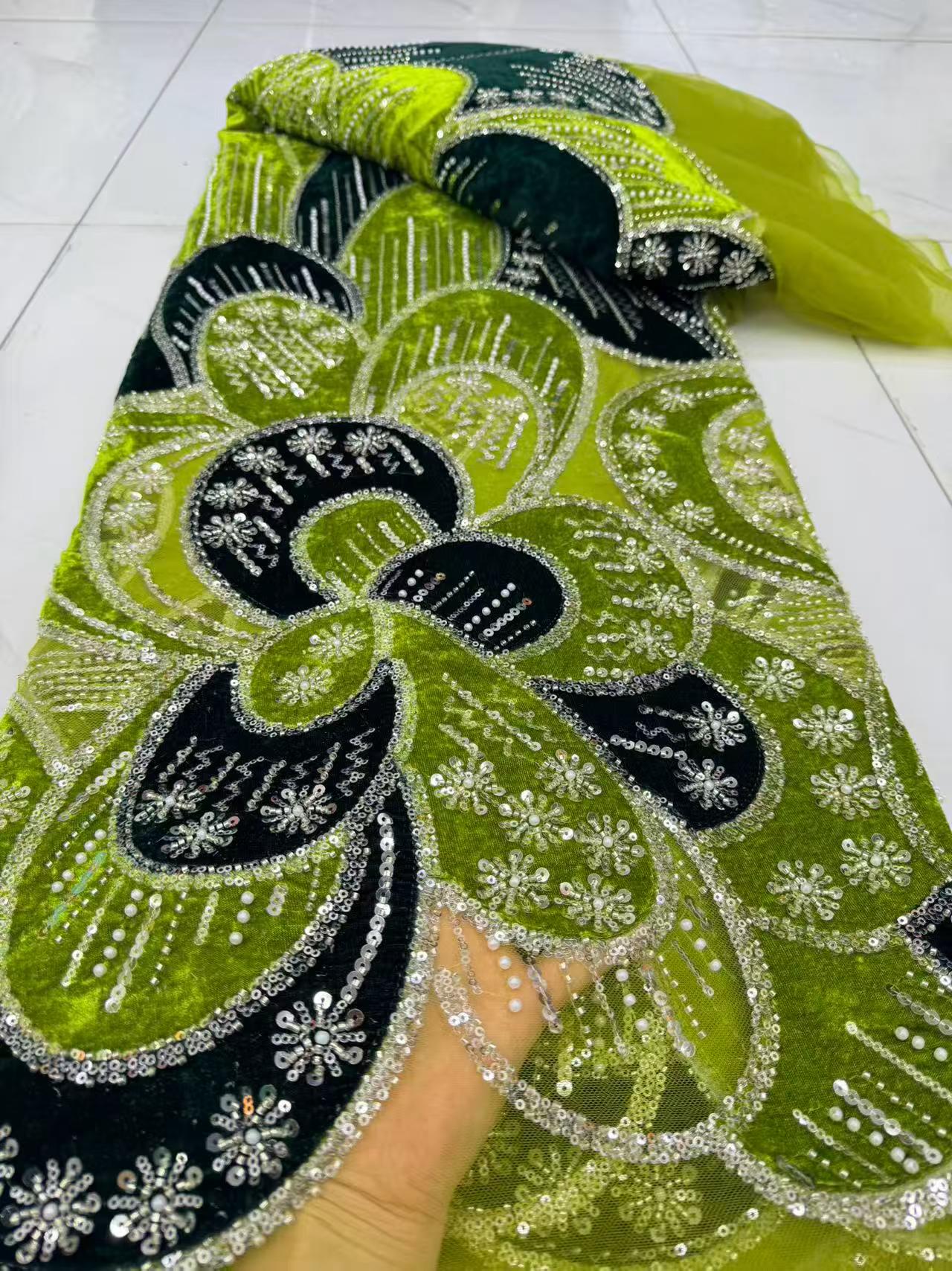 ผ้าลูกไม้หรูหราปักเลื่อมและลูก - Velvet Fabric Embroidery บทวิจารณ์และราคา