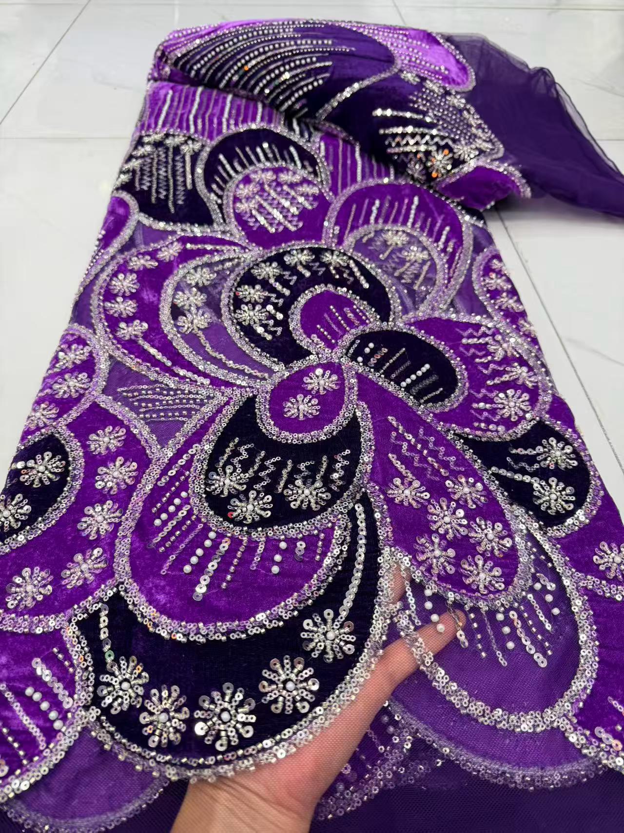 ผ้าลูกไม้หรูหราปักเลื่อมและลูก - Velvet Fabric Embroidery บทวิจารณ์และราคา